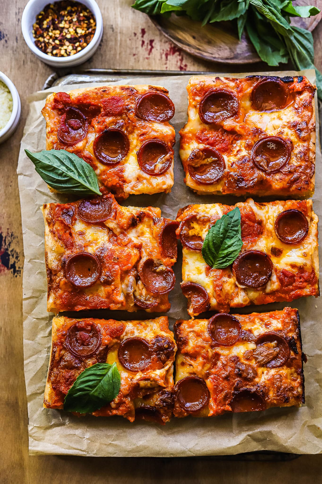 Big slices of pizza with vodka sauce and pepperoni on top