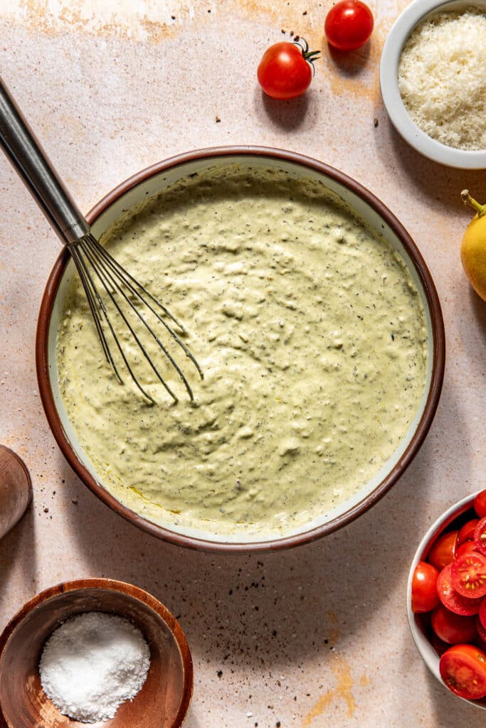 pesto pasta salad dressing in a bowl