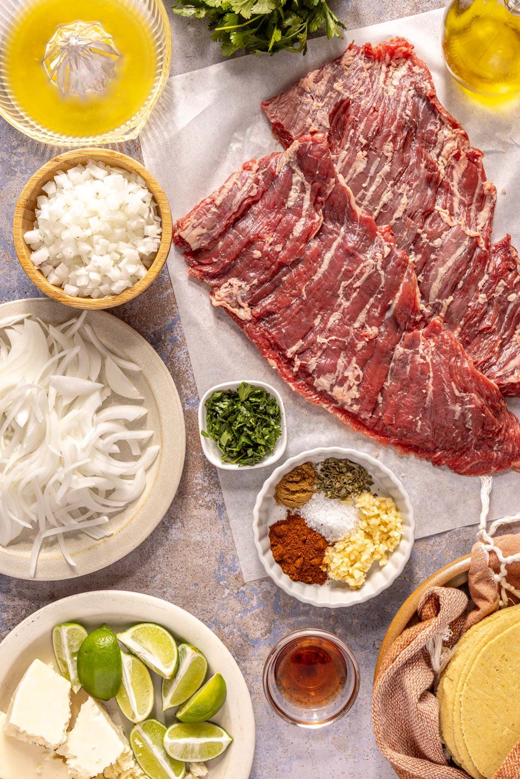 carne asada street tacos ingredients laid out