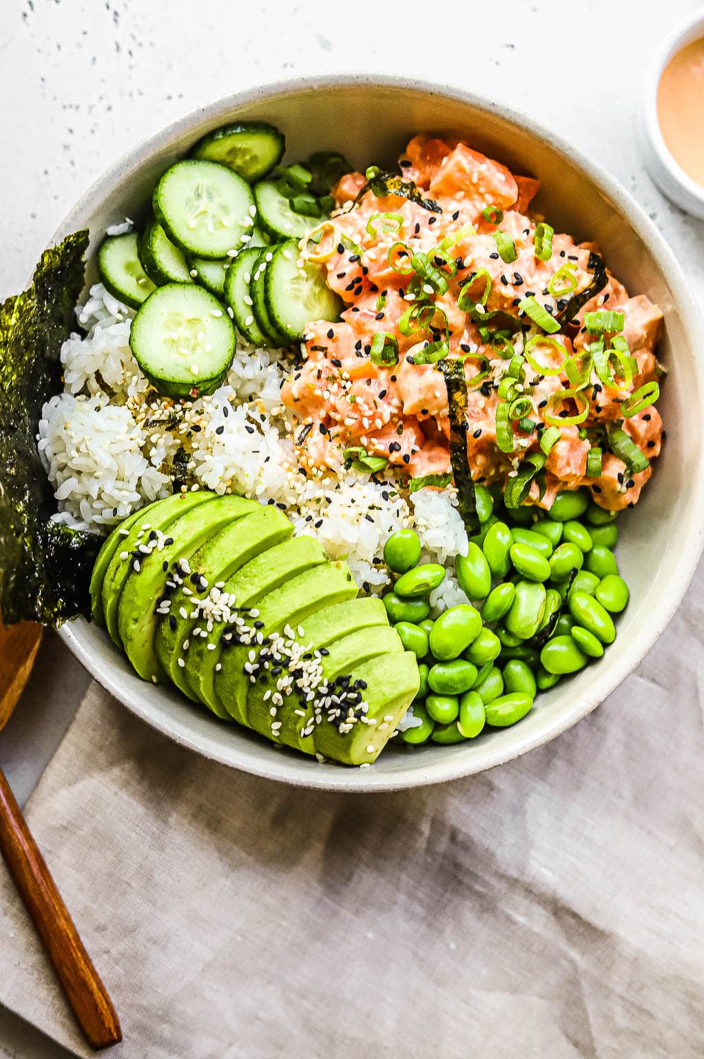 overhead view of a salmon sushi bowl