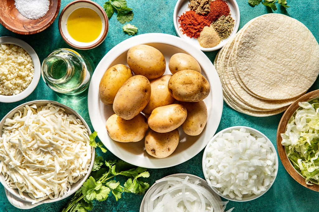 crispy potato tacos ingredients laid out