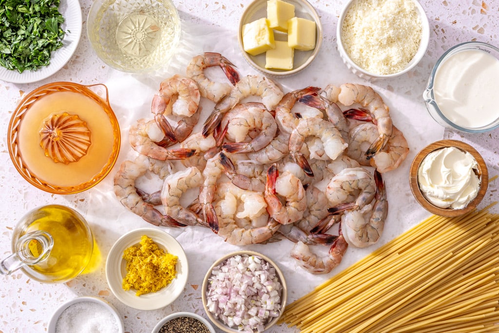 pasta al limone with shrimp ingredients laid out