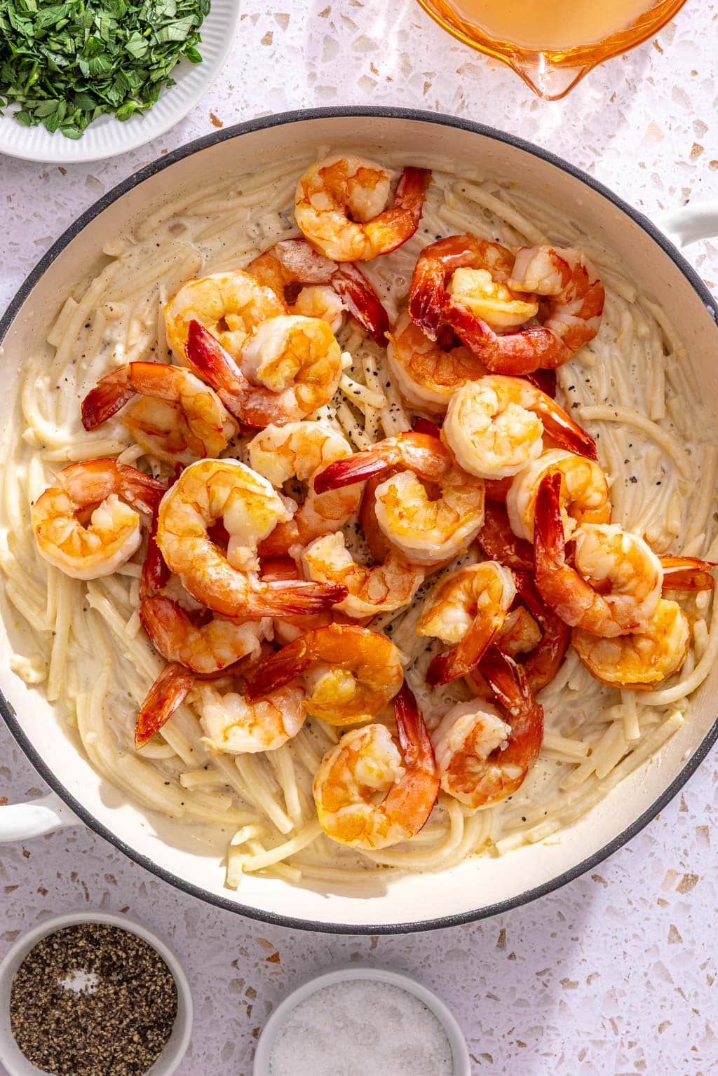 Shrimp added to the pasta al limone