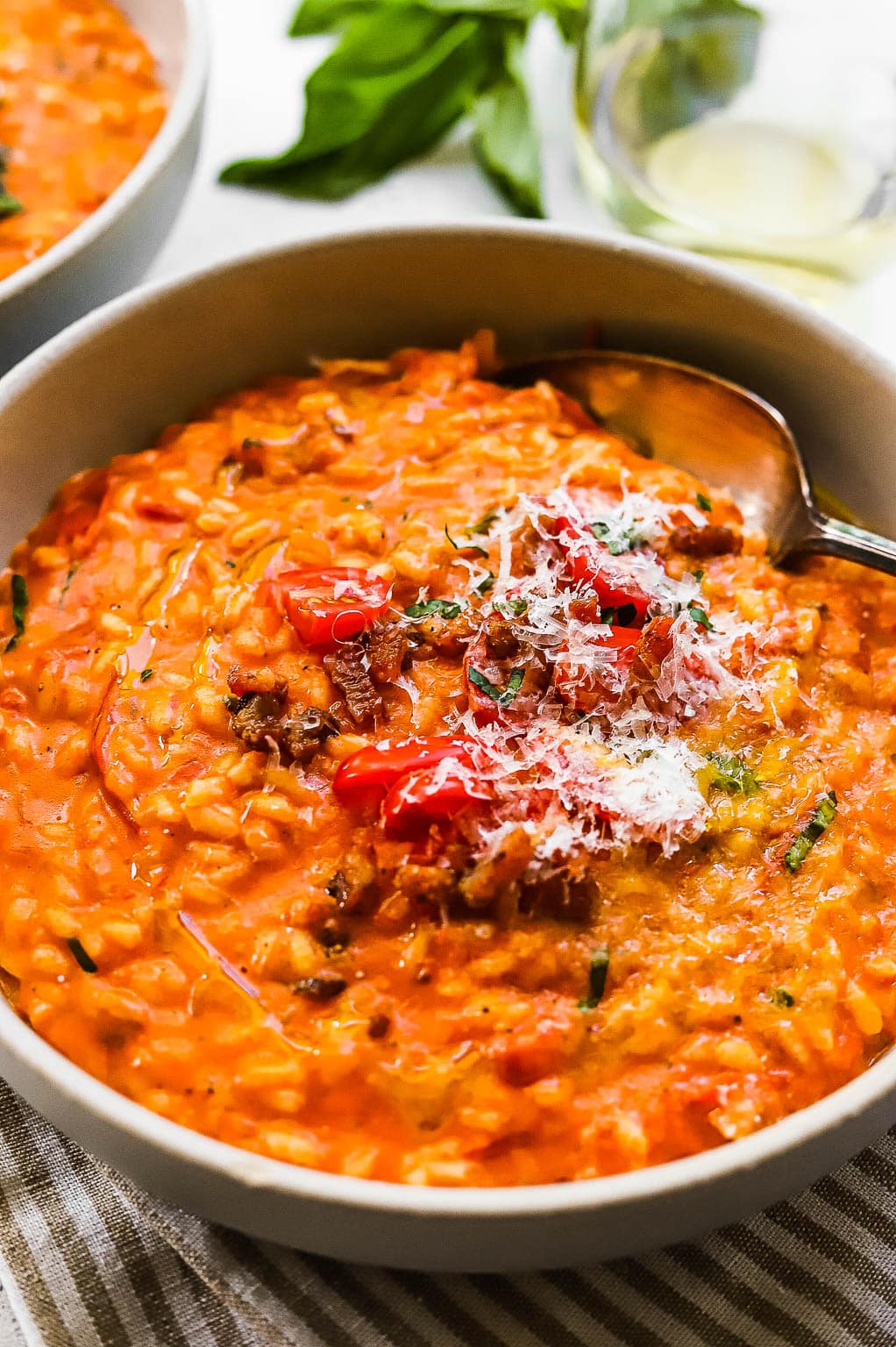 Tomato basil risotto in a bowl 