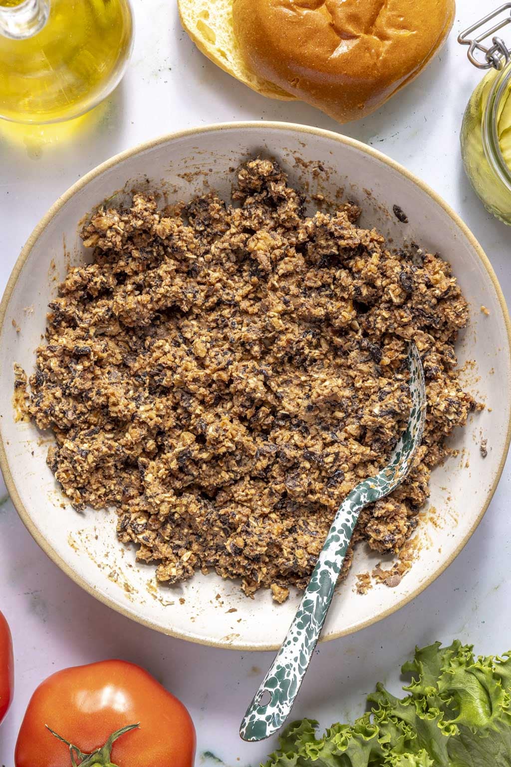 black bean walnut burger mix in a mixing bowl