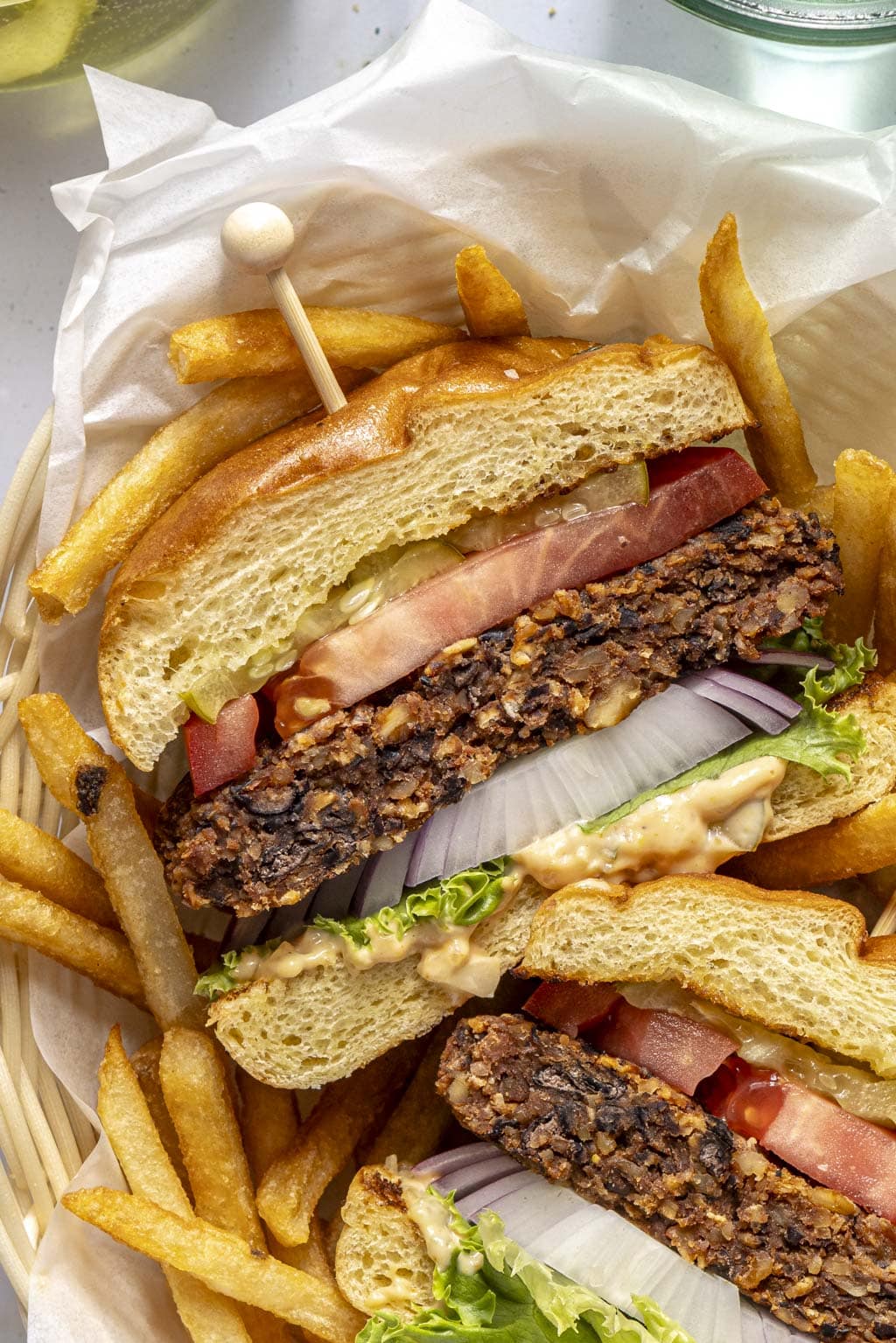 A black bean walnut burger cut in half 