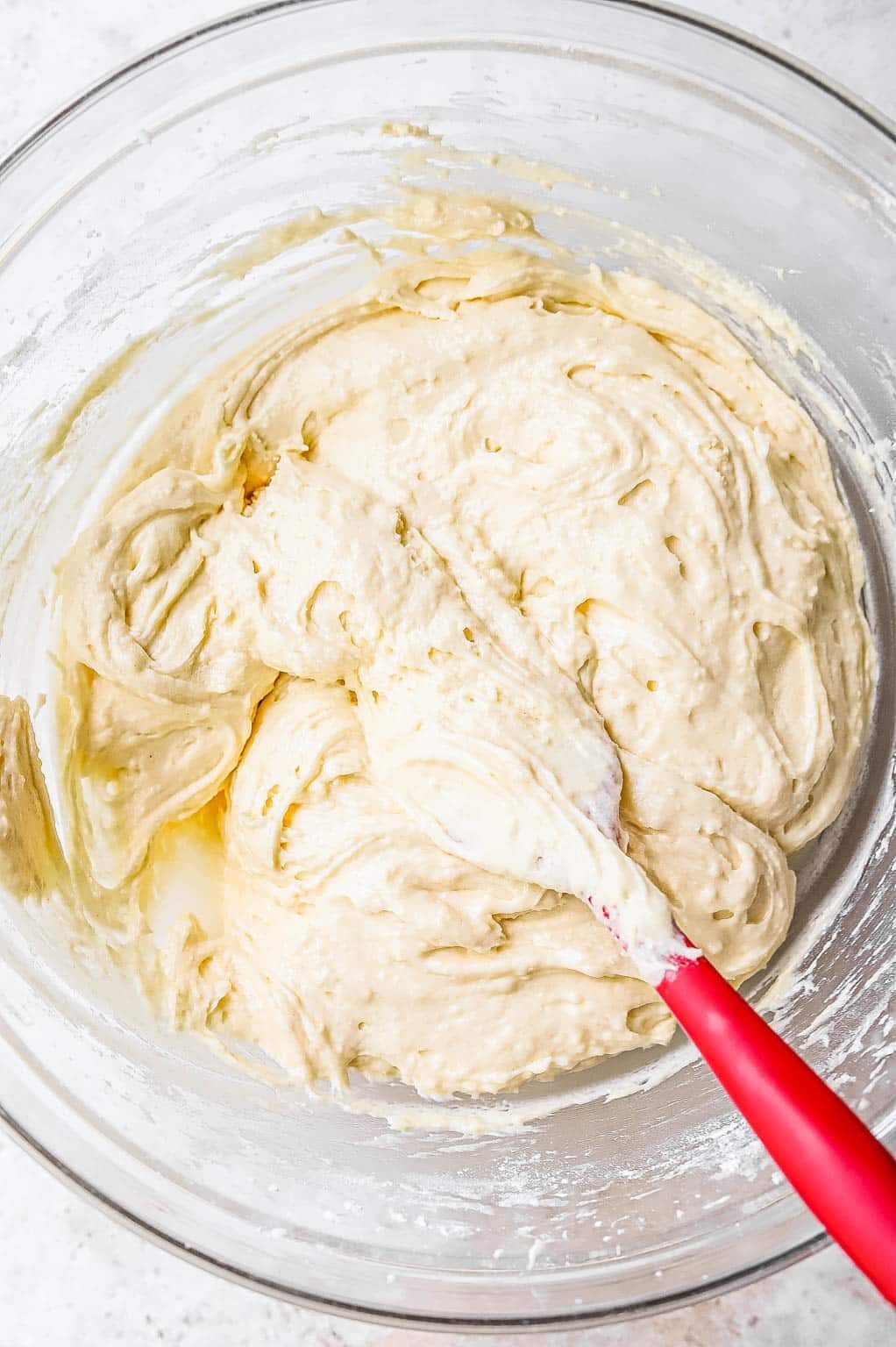 Sour cream coffee cake batter in a mixing bowl