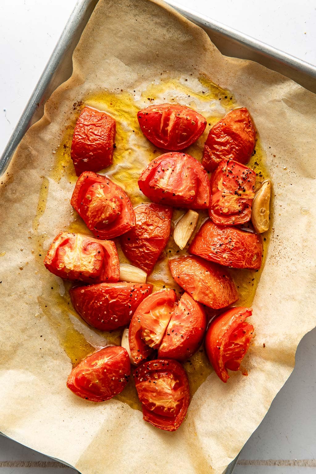 roasted tomatoes on a baking sheet