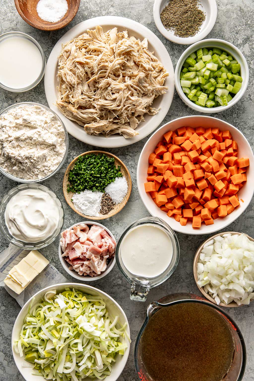 creamy chicken and dumpling soup ingredients laid out