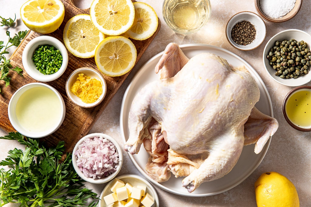 Roast chicken piccata ingredients laid out