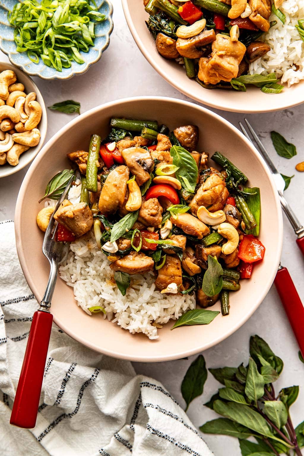 Thai basil chicken stir fry over rice