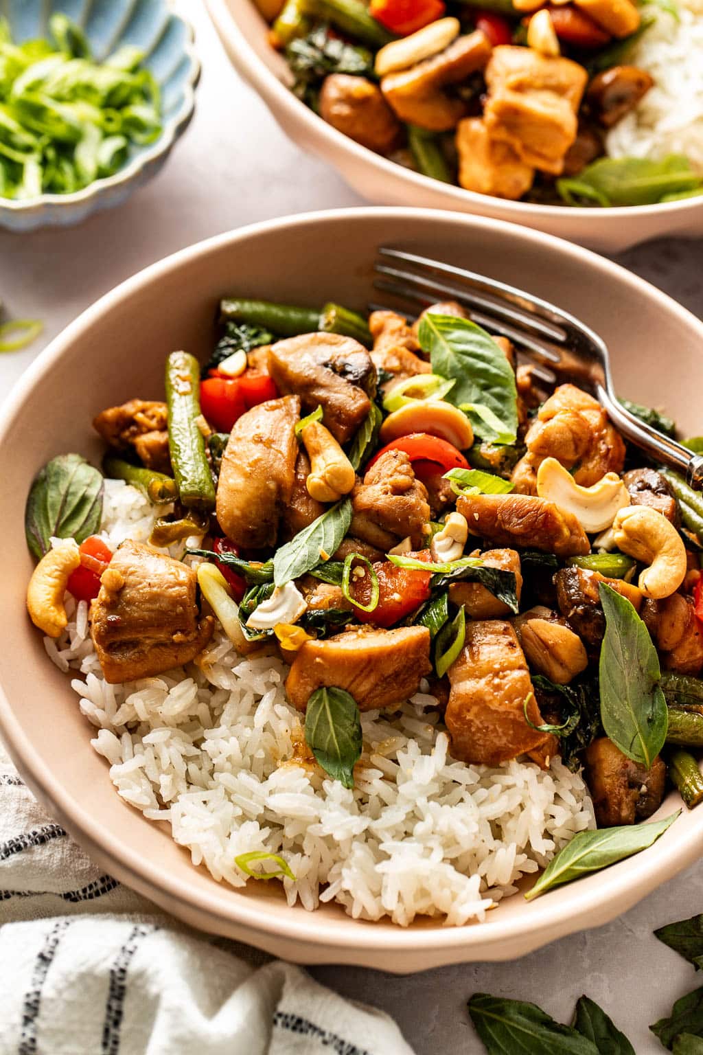 Thai basil chicken stir fry over rice