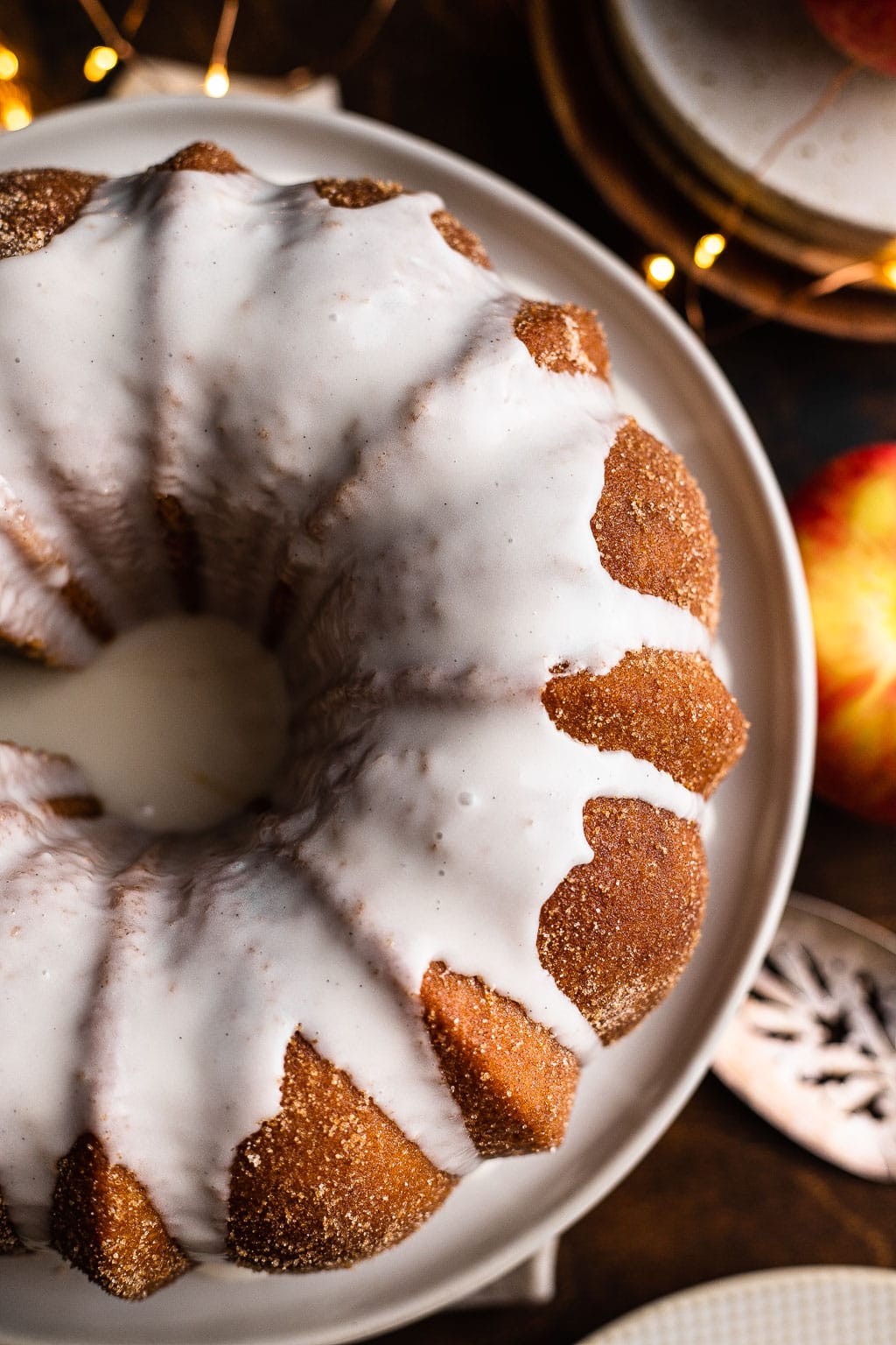 Overhead view of a glazed Apple Cider Donut Cake