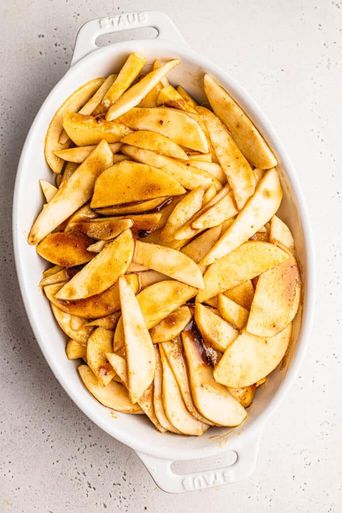 spiced apples and pears in a baking dish 