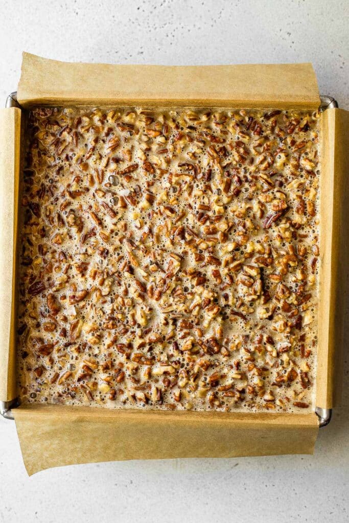 Pecan pie bars, ready to be baked 