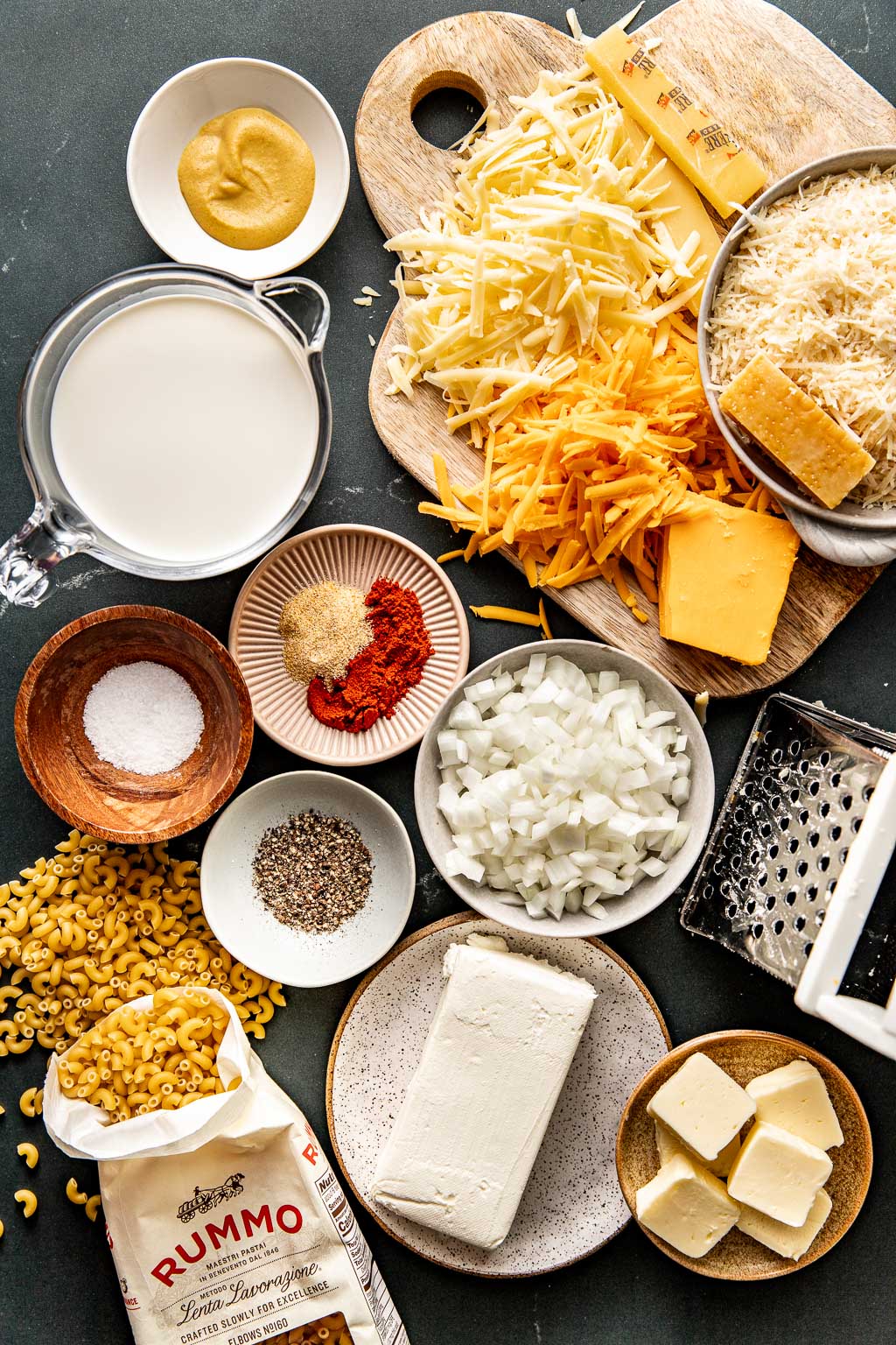 creamy baked mac and cheese ingredients laid out