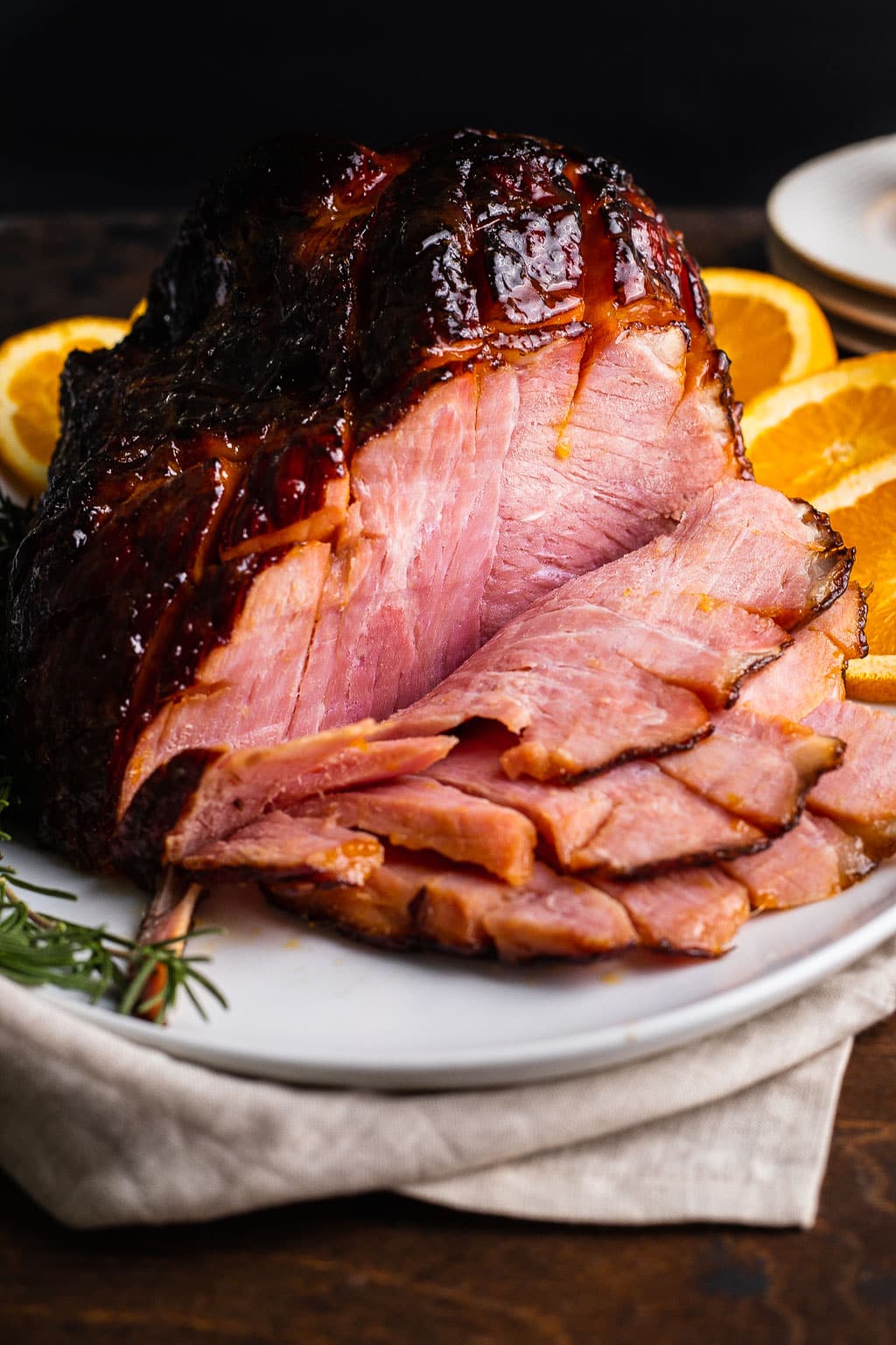 Apricot Glazed Ham, sliced on platter 
