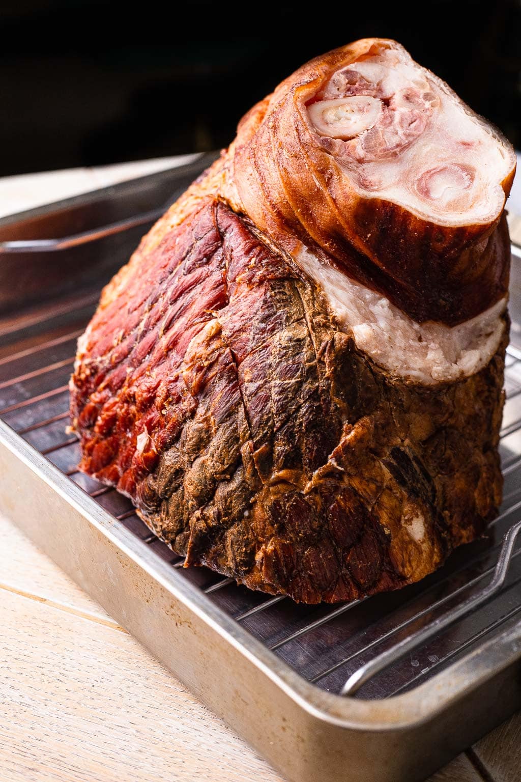 Unbaked ham in roasting pan