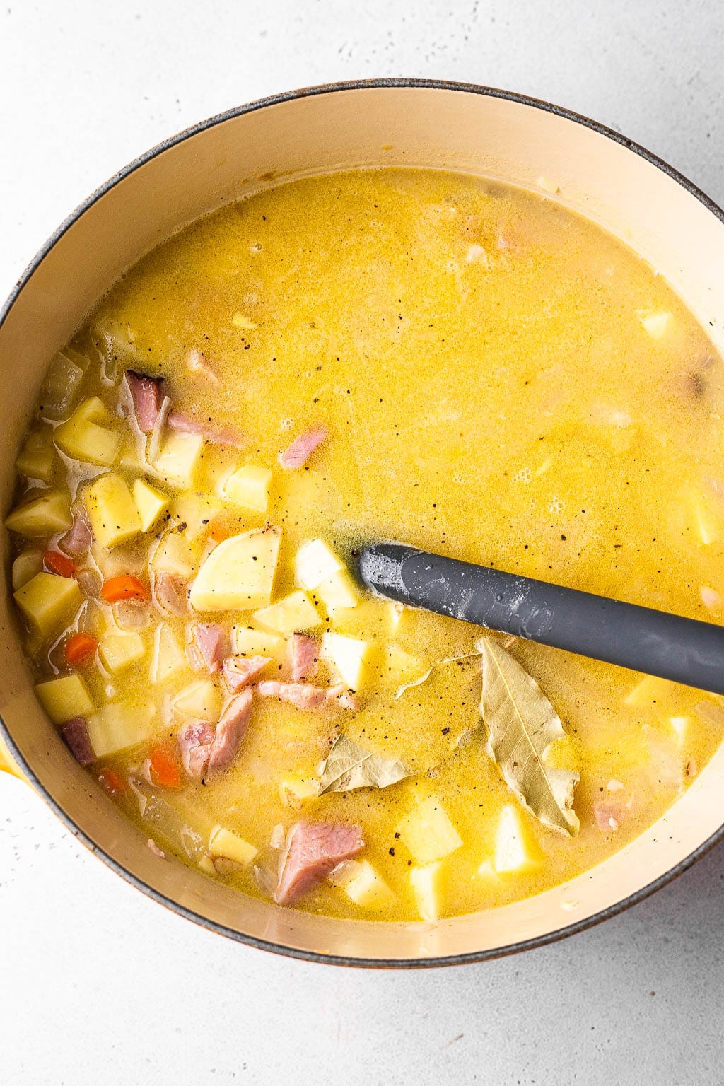 Ham potato soup in a dutch oven 