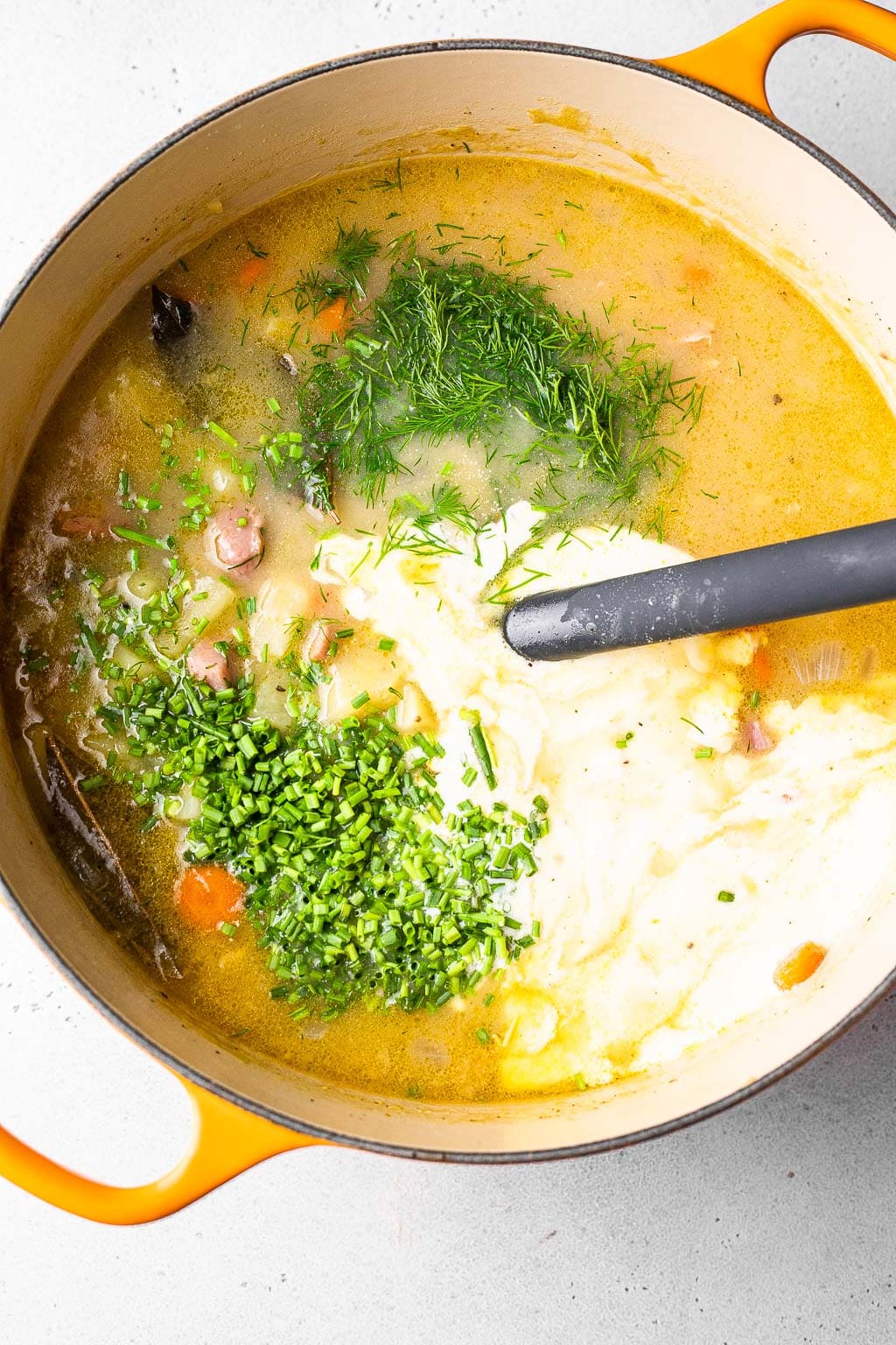 Ham potato soup in a dutch oven 