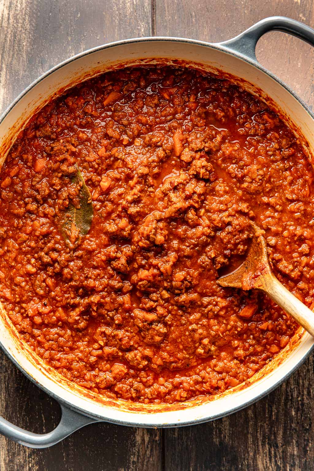 bolognese sauce in a dutch oven after simmering