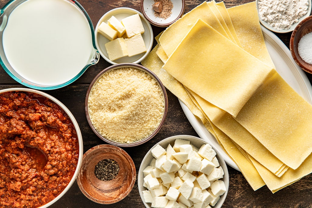 lasagna bolognese ingredients laid out