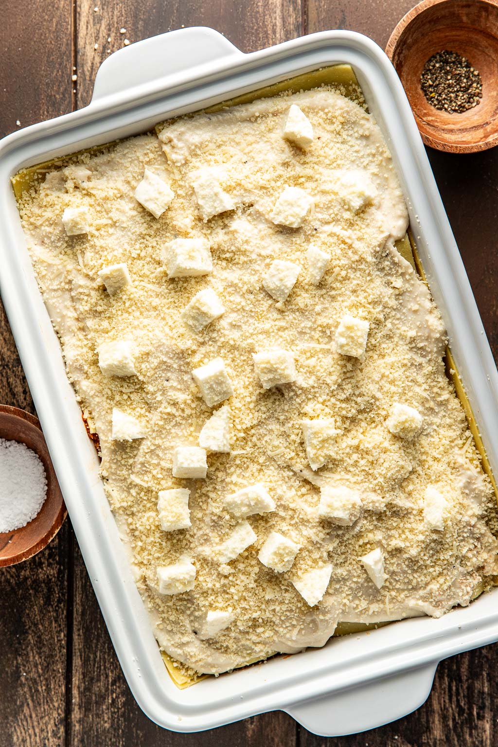 Assembled lasagna, ready to be baked.