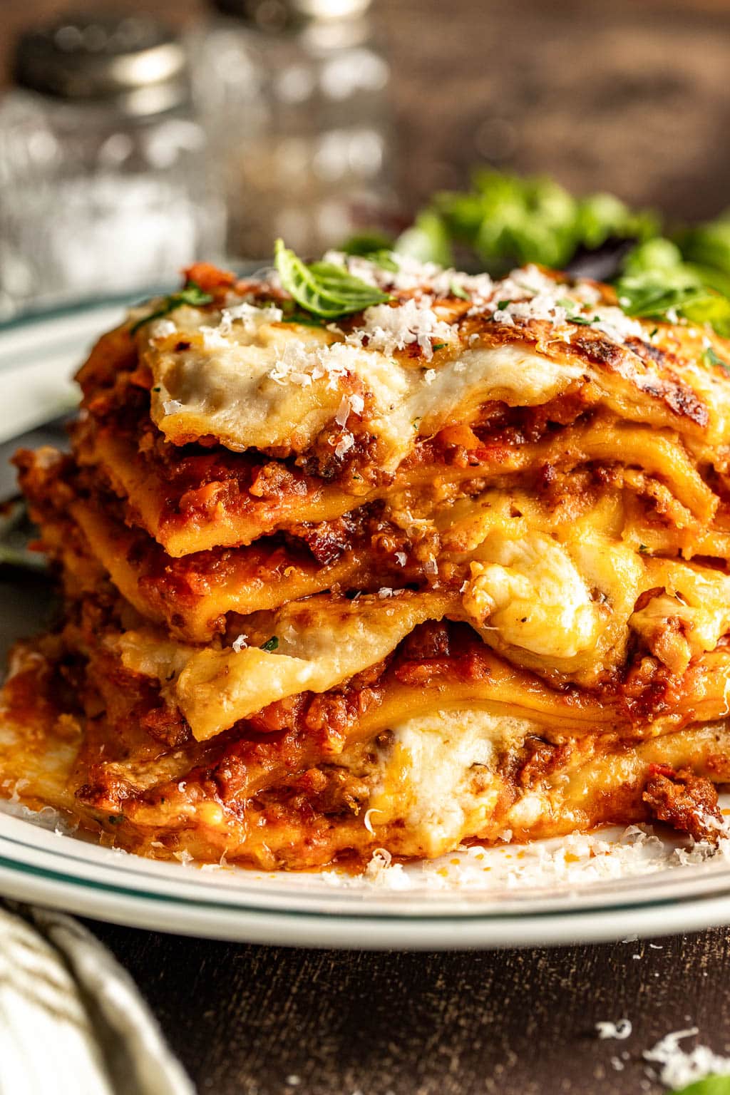 up close photo of lasagna bolognese showing all the layers.