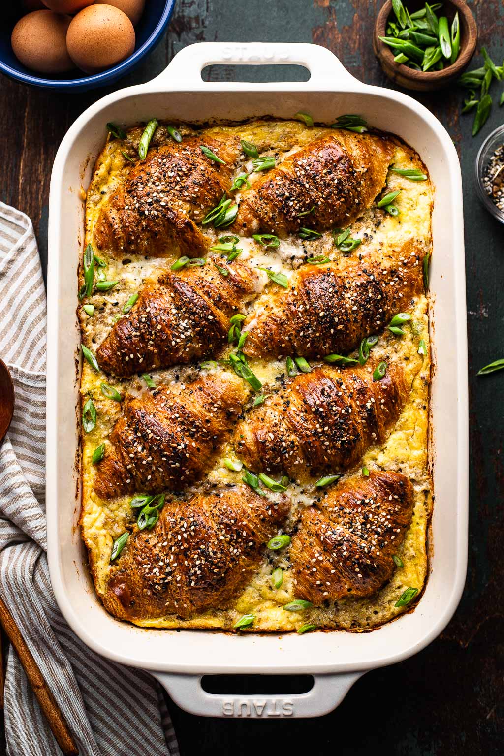 Croissant Breakfast Casserole in a baking dish