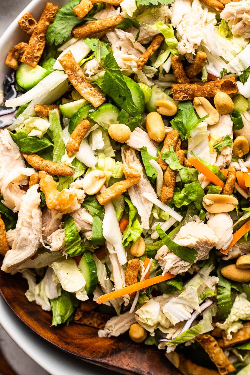 Asian Chopped Salad with chicken, seen from above 