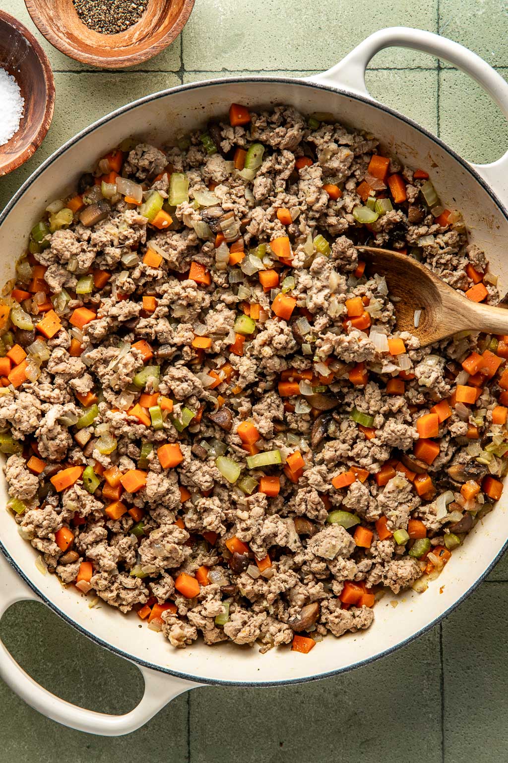 Ground turkey and veggie mixture in a skillet