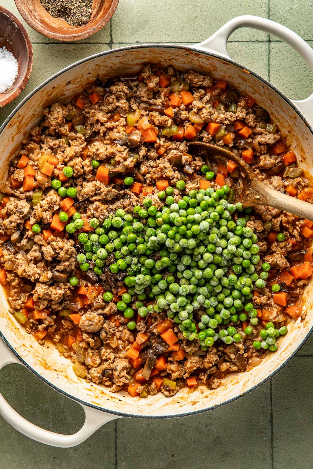 Ground turkey cottage pie filling in a skillet 