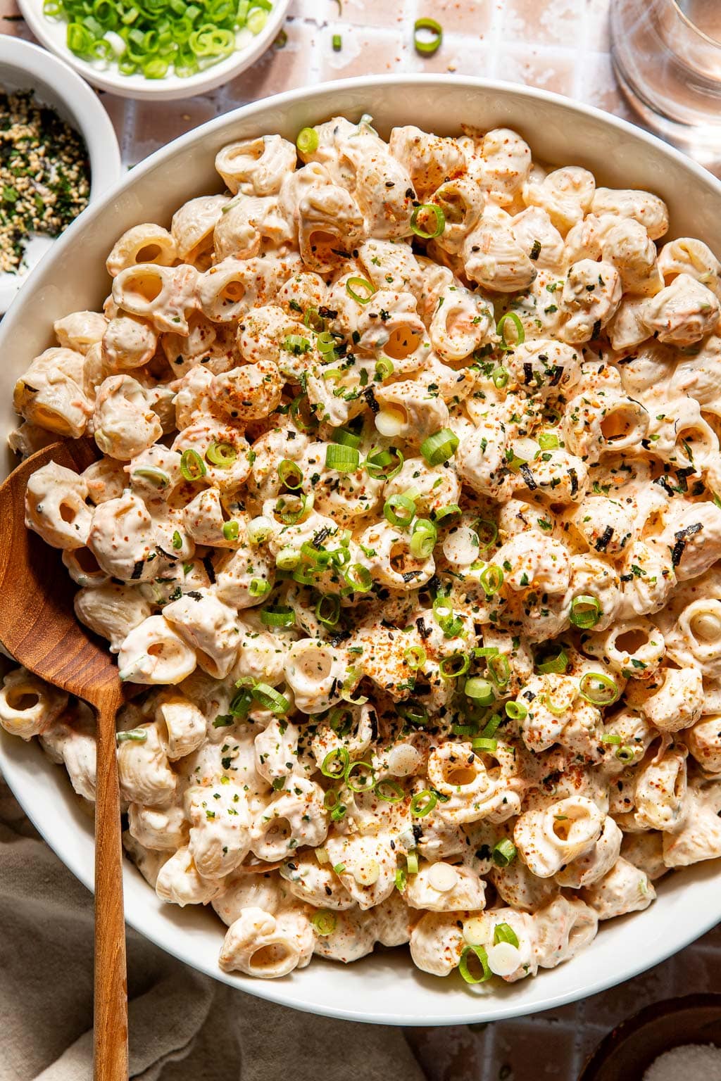creamy hawaiian-style mac salad in a large serving bowl