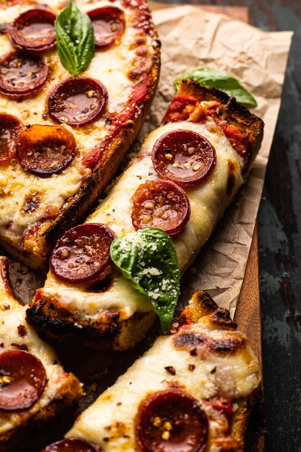 overhead view of sliced pepperoni french bread pizza