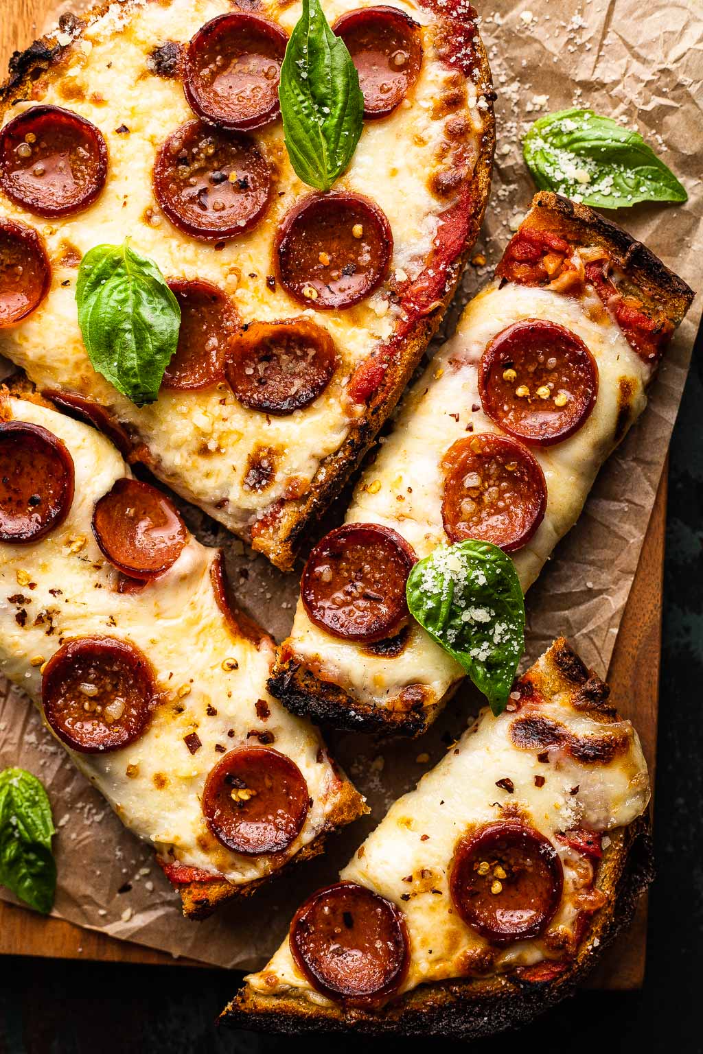 overhead view of sliced pepperoni french bread pizza