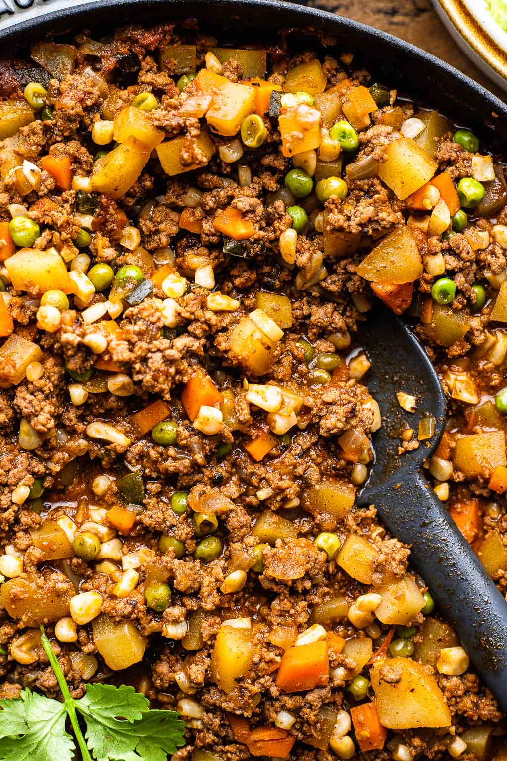 Mexican beef picadillo in a skillet