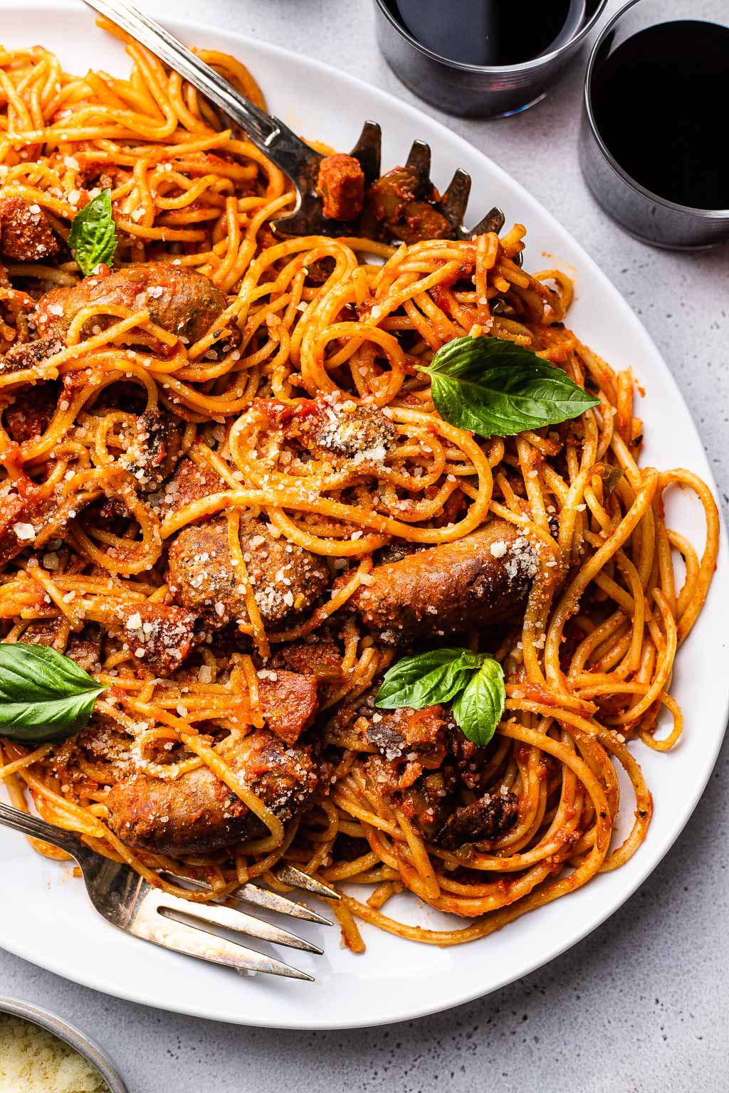 A plate of pasta tossed in Sunday sauce 