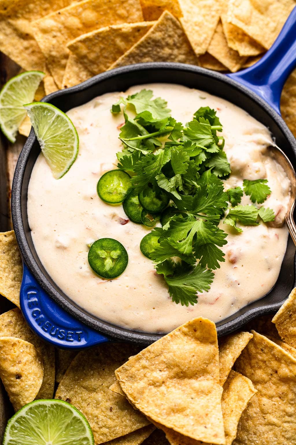White queso in a cast iron pan, surrounded by tortilla chips 