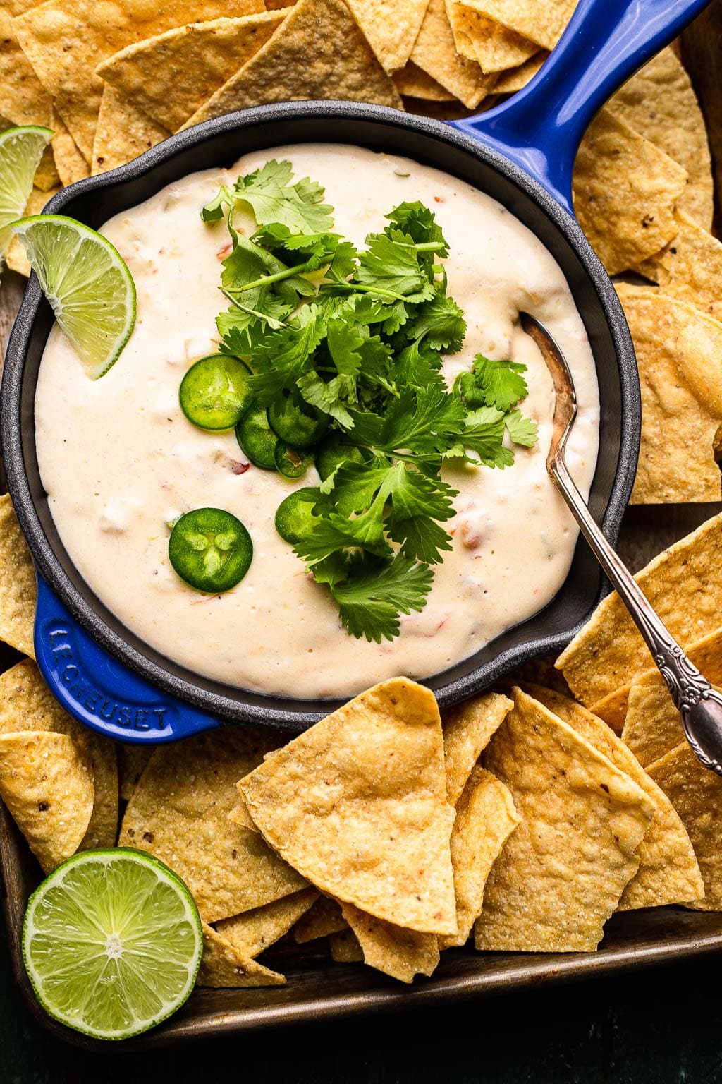 White queso in a cast iron pan, surrounded by tortilla chips 