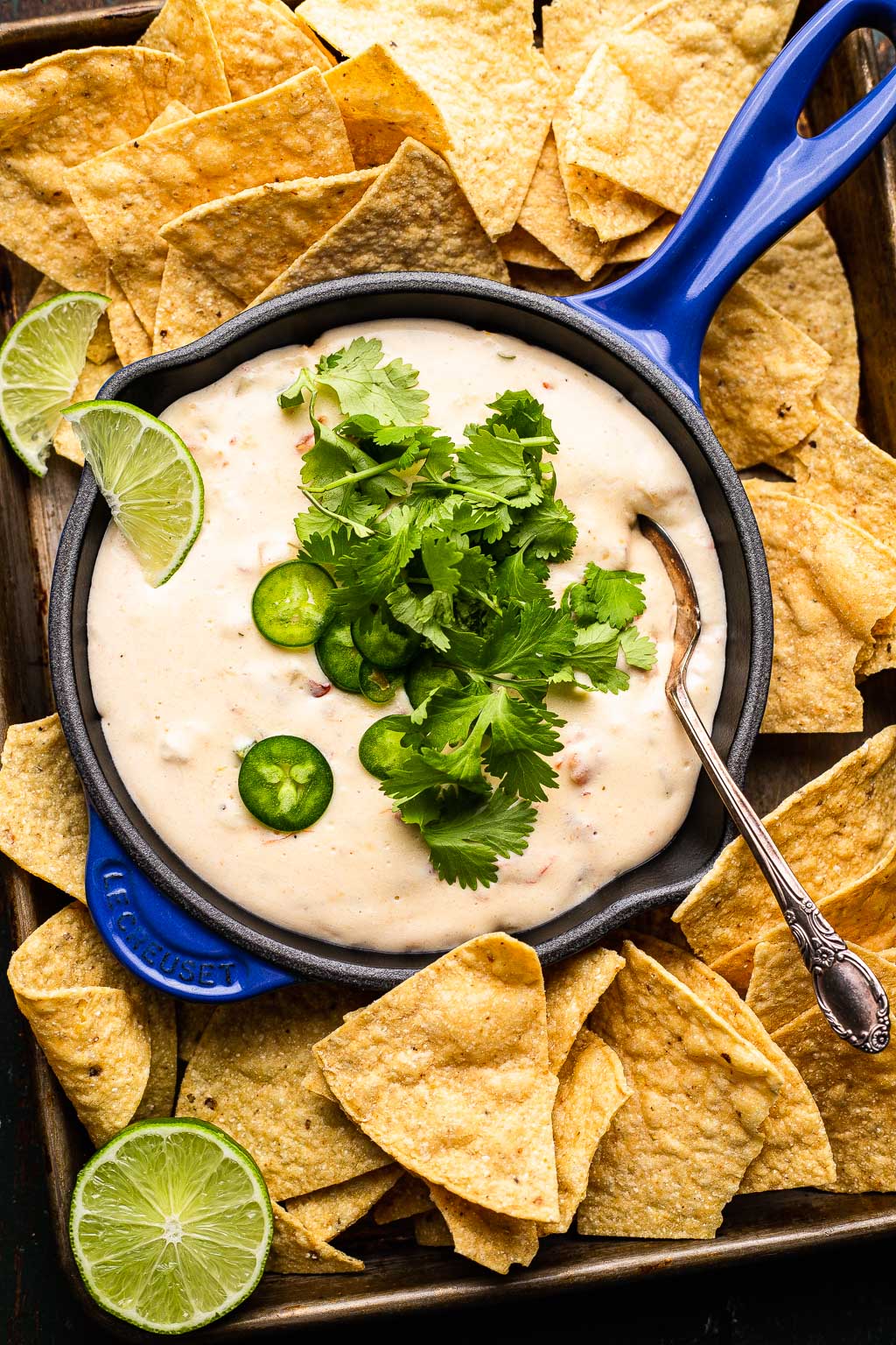 White queso in a cast iron pan, surrounded by tortilla chips 