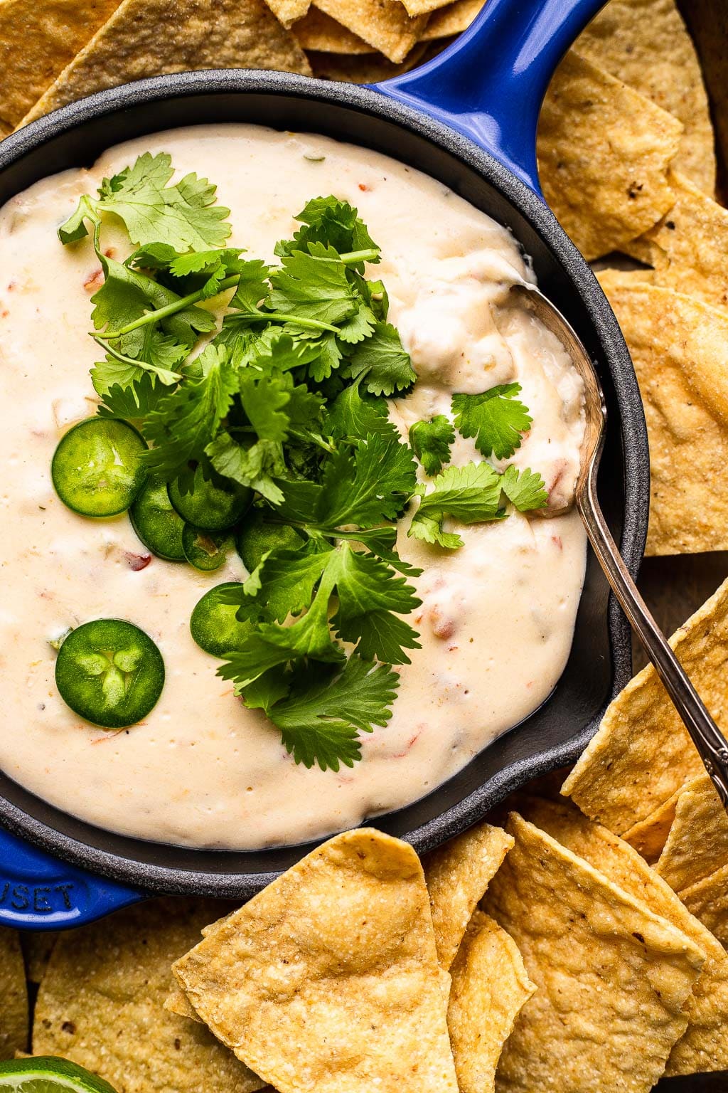 White queso in a cast iron pan, surrounded by tortilla chips 