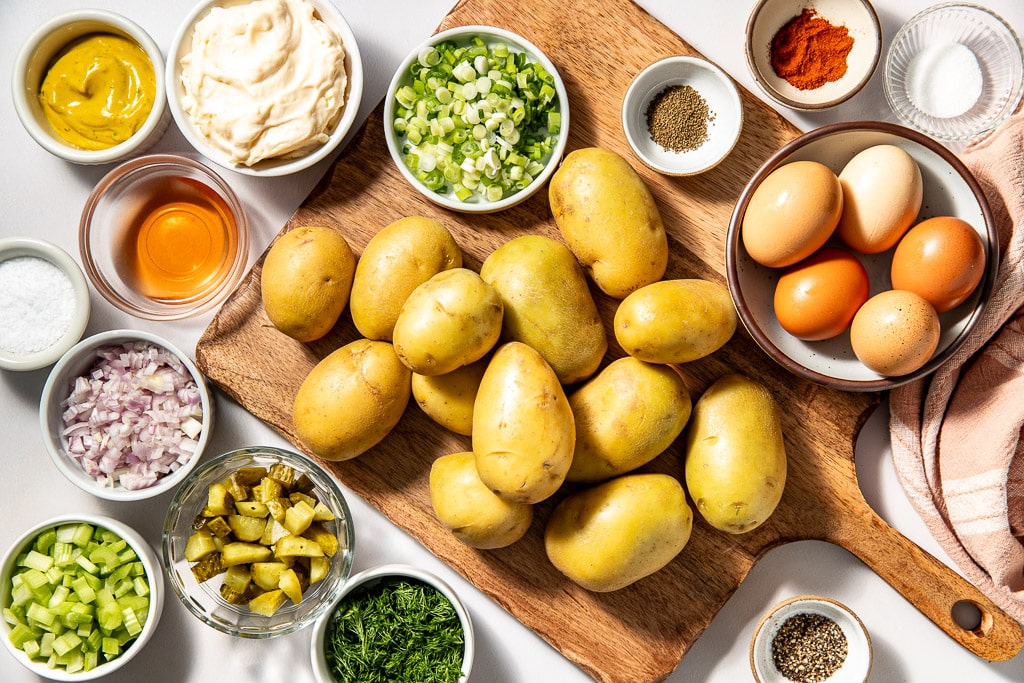 classic potato salad ingredients laid out