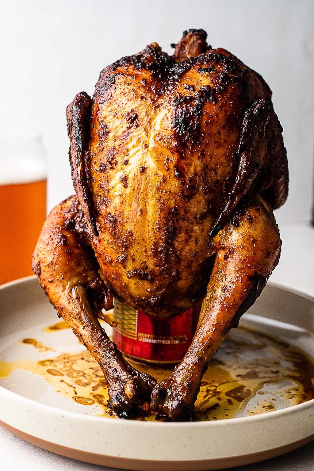 A whole chicken on a beer can