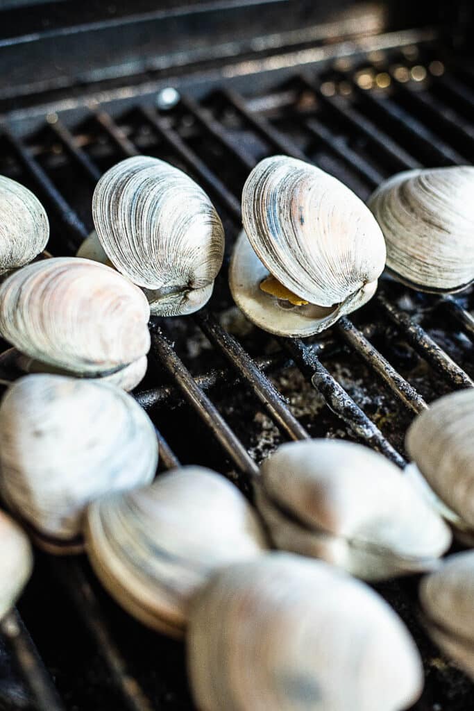 Process shot showing littleneck clams opening on the grill