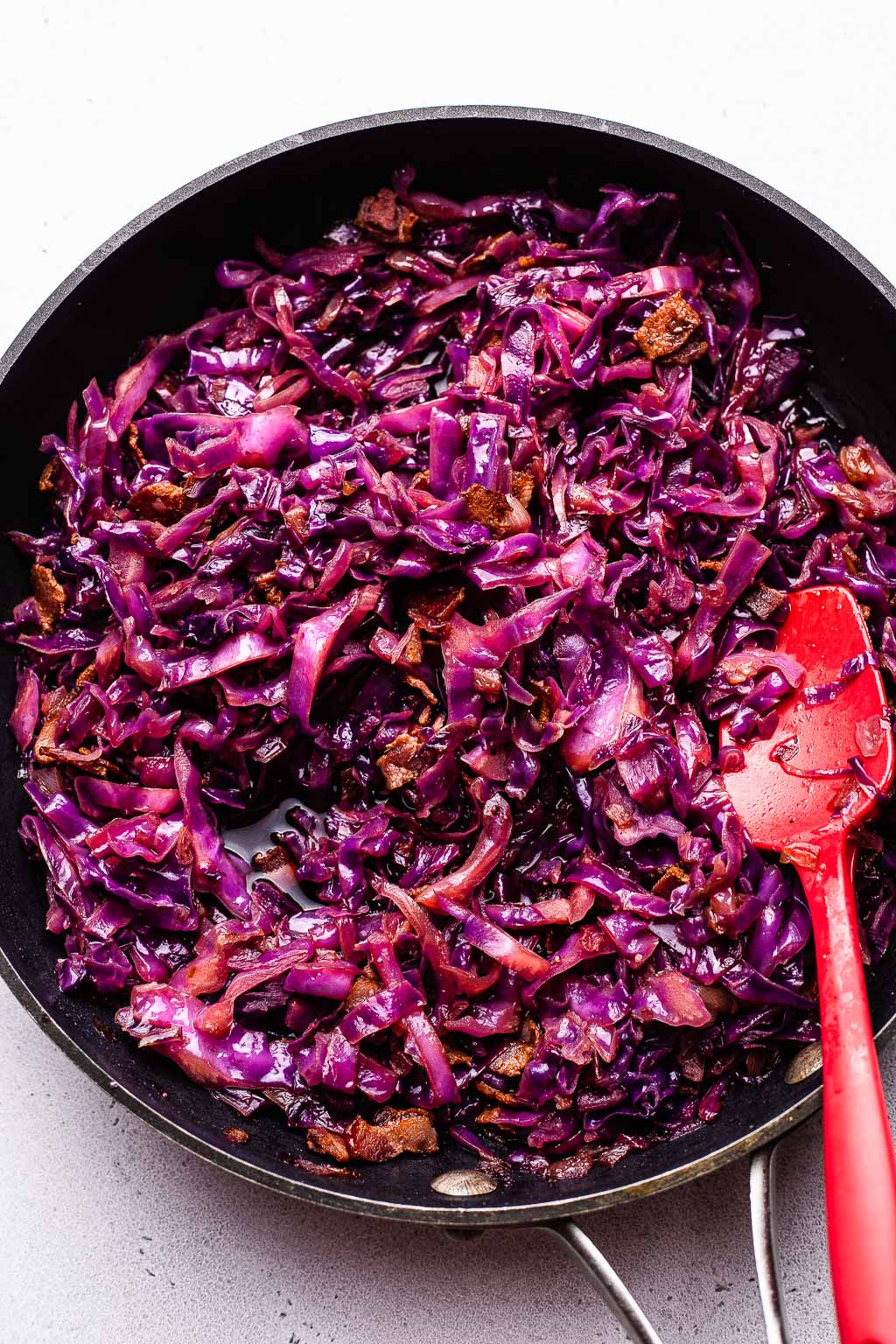 Cooked red cabbage in a skillet 