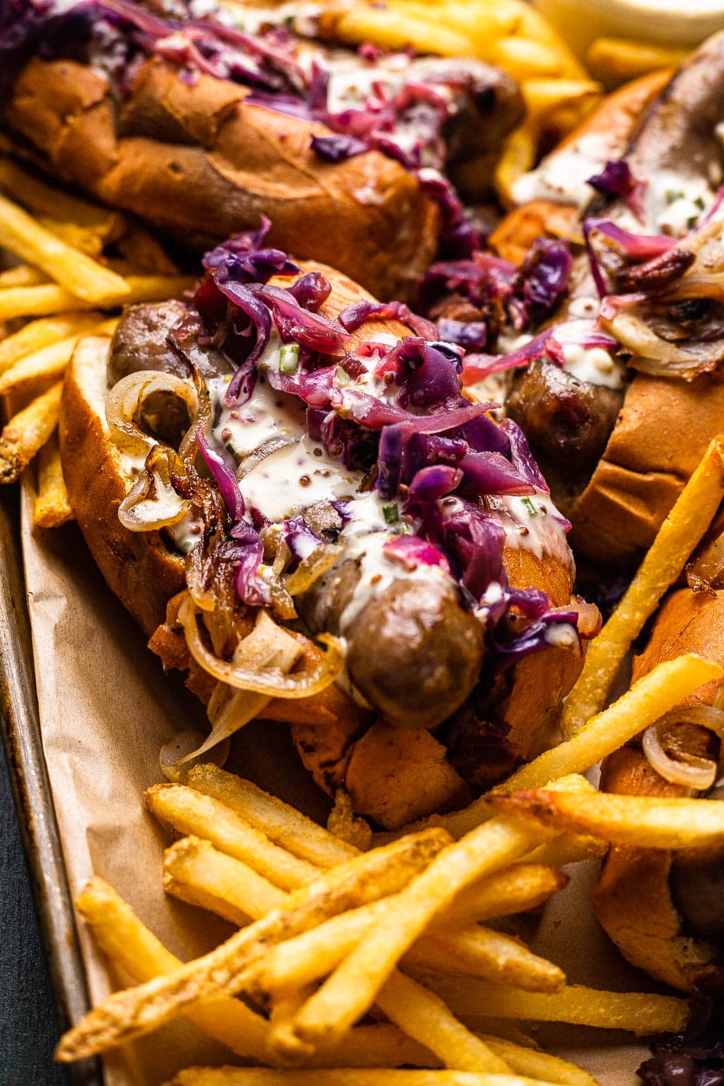 grilled beer brats with fries 