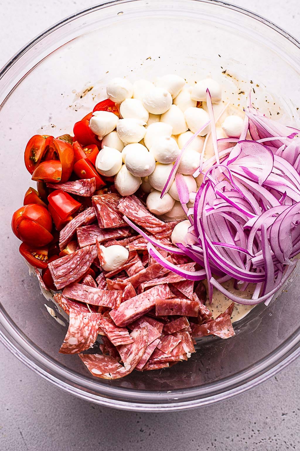 Salami, red onion, mozzarella balls and tomatoes in a bowl 
