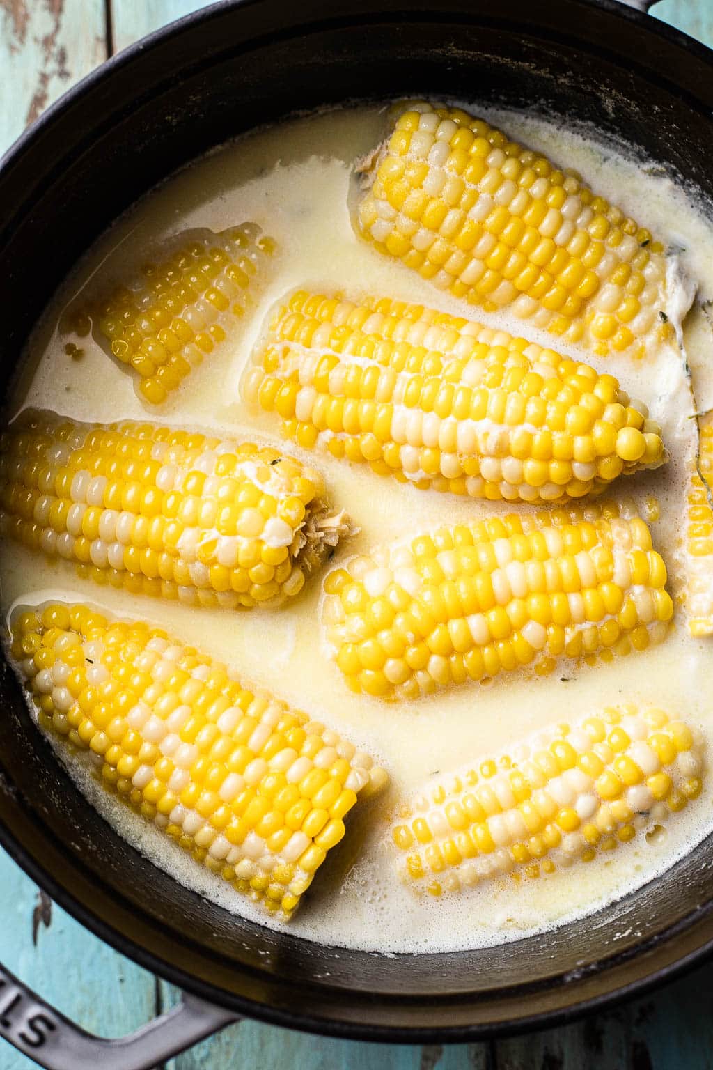 Corn on the cob in a Dutch oven after being boiled 