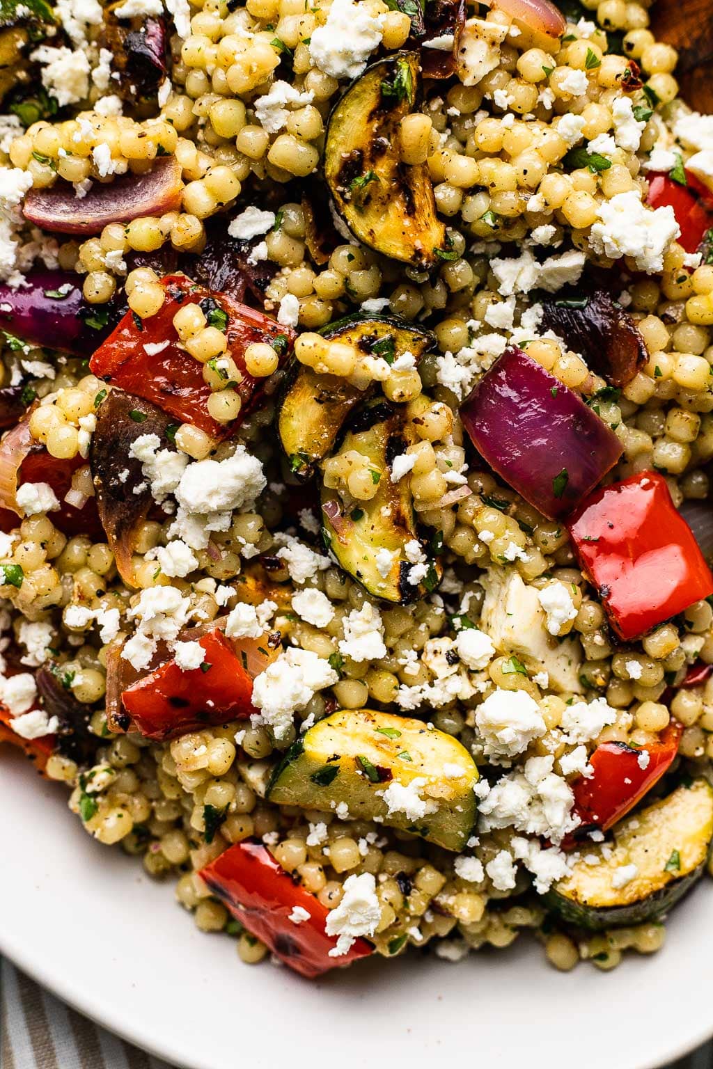 Overhead view of grilled vegetable pasta salad with feta 