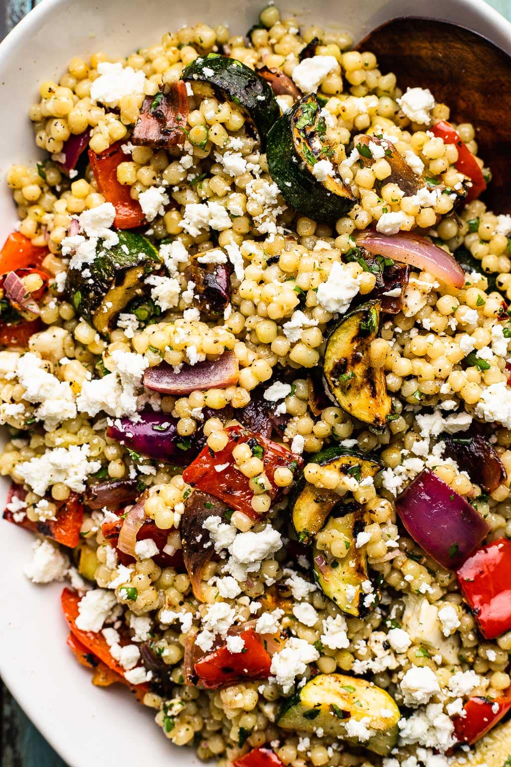 Overhead view of grilled vegetable pasta salad with feta 
